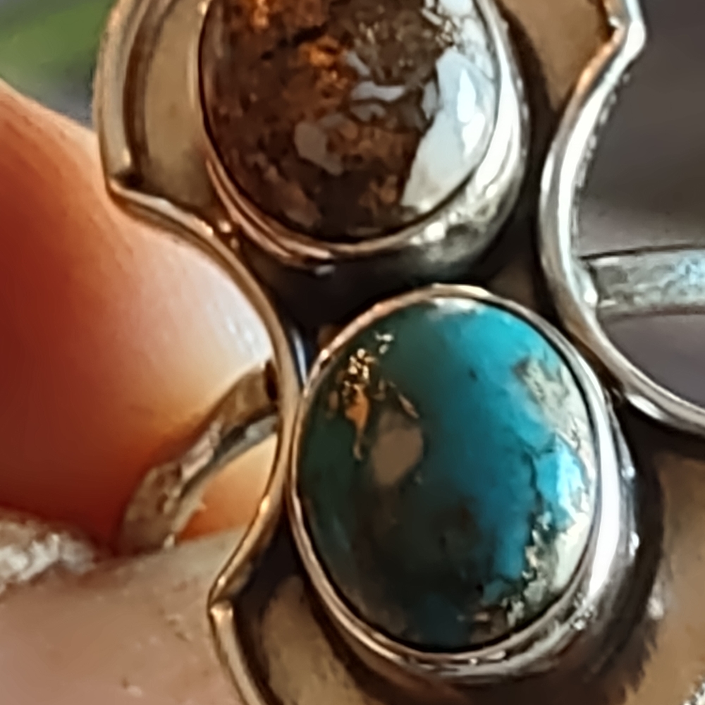 Sterling MB Navajo Double Turquoise Ring — Blue & Matrix Cabs, 925, Sz [insert] - Picture 4 of 15